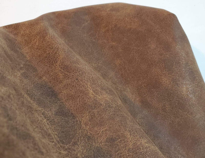 NAT Leathers | Brown Distressed 2 Tone Oily Faux Vegan Leather PU (Peta Approved Vegan) | 1 Yard 36 inch x 54 inch Cut by Yard Pleather 0.9 mm Upholstery | Brown Crazy Horse Distress 36"X54" - Image 1